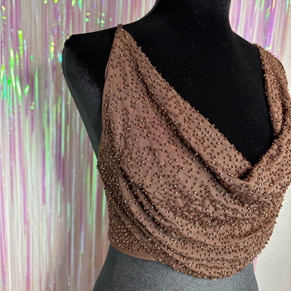 Brown Beaded Cowl Halter Crop Top, Adjustable Straps, Sz M Windsor NWT Y2K Bratz - Picture 8 of 12
